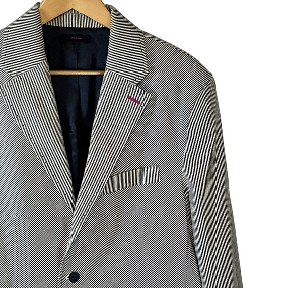 Marc Ecko Black Pinstriped Single Breast Lined Blazer Jacket Mens Large - Picture 3 of 16